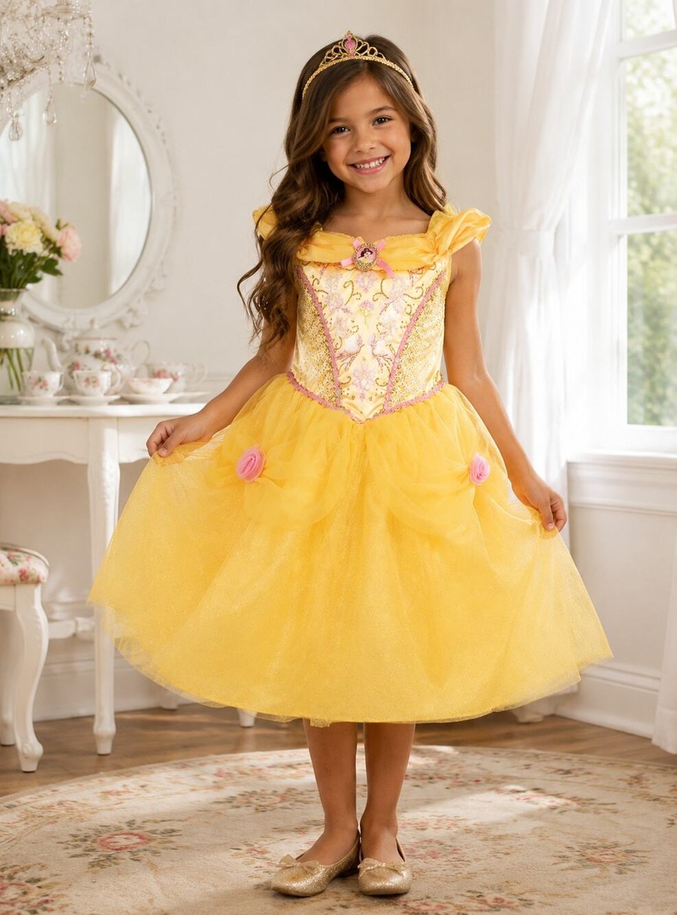 Disney Princess Belle Costume Dress Size 6 Yellow Sparkle Ball Gown Beauty Beast